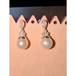AFJC 925 Sterling Genuine Pearl White Sapphire Drop Earrings